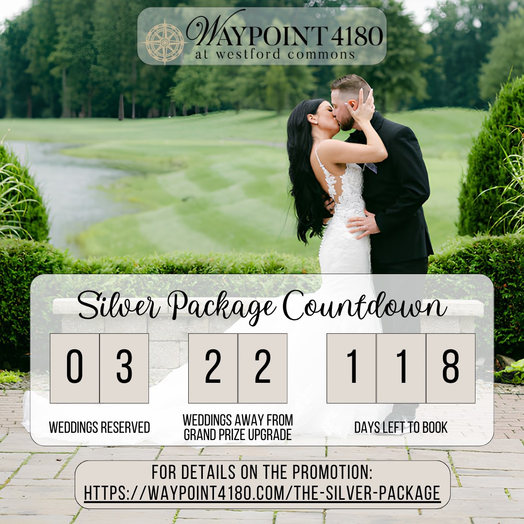 THE COUNTDOWN IS ON!

We’ve officially booked 3 weddings under our Silver Package at Waypoint 4180 and that means our couples are one step closer to HUGE savings on their big day!💍

Each couple is automatically entered to win a chance for 25% off their reception when booking the Silver Package... And if 25 weddings are booked before August 31, 2026...

THE GRAND PRIZE IS INCREASED TO A COMPLIMENTARY RECEPTION!*

Dreaming of the perfect wedding celebration with some serious value? Reach out to our Sales Team at 330-286-8427 for Waypoint 4180's availability!

#Waypoint4180 #TheCountdownIsOn #SilverPackage #FridayWeddings #CanfieldOhio #OhioWeddings

*Winner of complimentary reception is responsible for cost of alcohol and any other requested upgrades not included in the standard Silver Package offering.